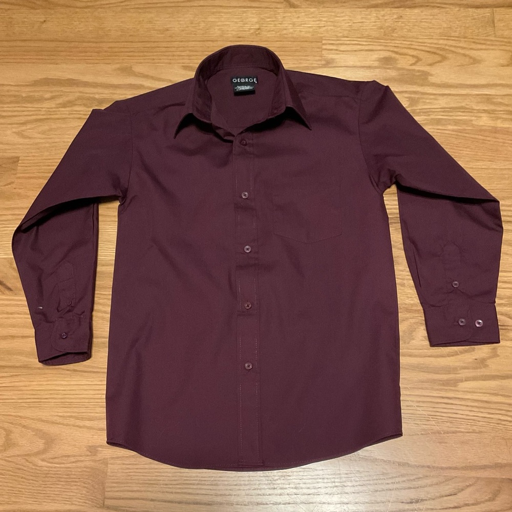 Boy’s George Maroon Long Sleeve Button Down Shirt. Side Pocket. Adjustable Wrist